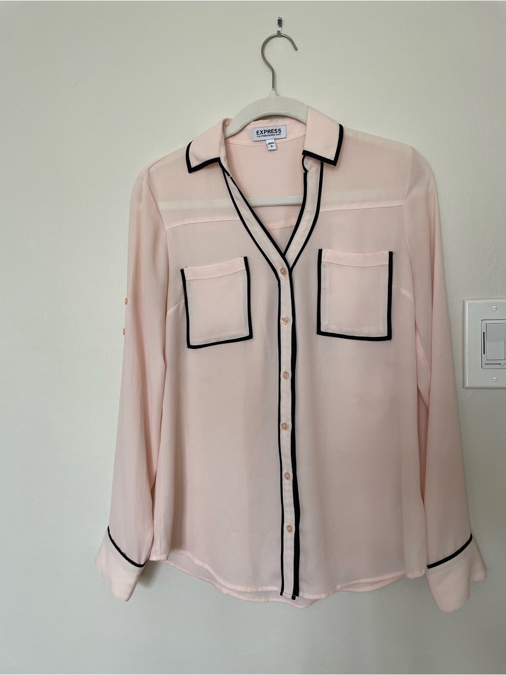 Express Light Pink Contrast-Trim Button Down Blouse